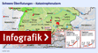 Landkarte: Süddeutschland, Nordalpen, Orte/ Regionen mit Hochwasser, Pegelstände / Großansicht bei FAZ.NET
