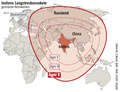 Reichweiten von Indiens Langstreckenraketen:  Grafik Großansicht