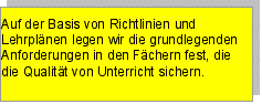 Textfeld: Auf der Basis von Richtlinien und Lehrplänen legen wir die grundlegenden Anforderungen in den Fächern fest, die die Qualität von Unterricht sichern.?